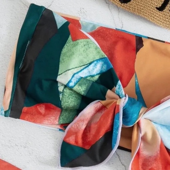 Boho front tie color block abstract print high waisted tube bikini set - Picture 4 of 5